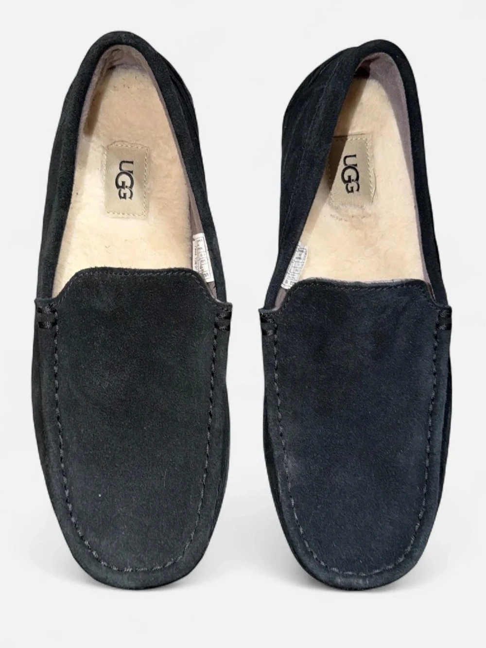UGG Men’s Black Suede Slip-On Loafers with Shearling Lining